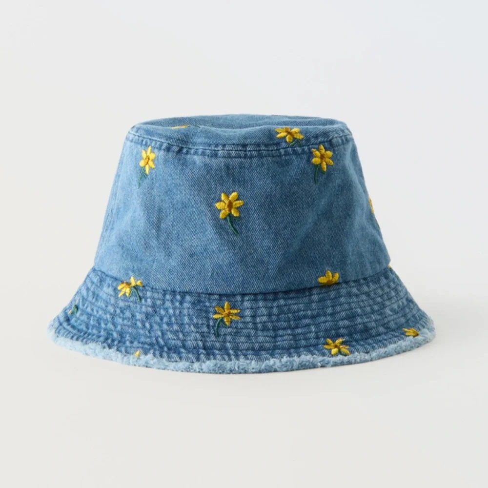 Zara Blue Denim Bucket Hat with Yellow Daisy Embroidery
